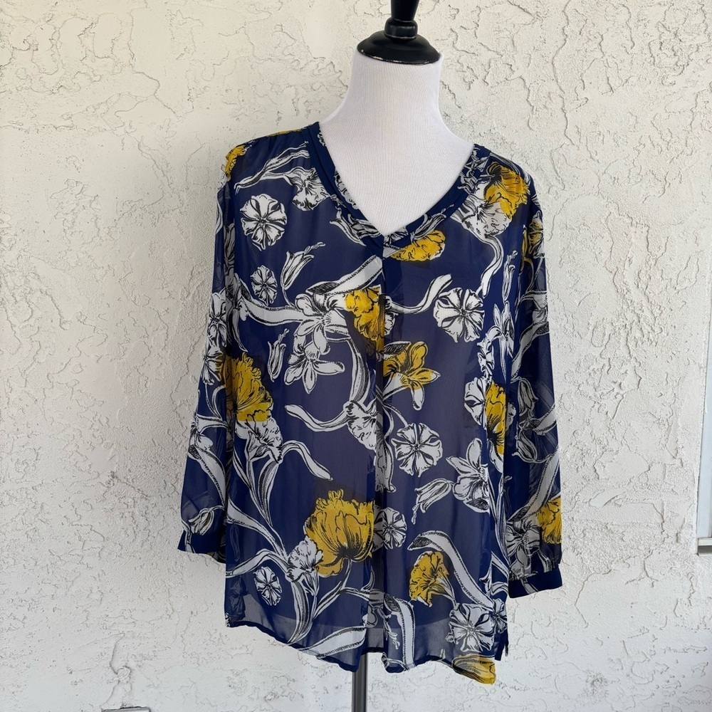 Liz Claiborne Floral Blouse Large Navy‎ Blue Yellow Sheer V-Neck 3/4 Sleeve Top